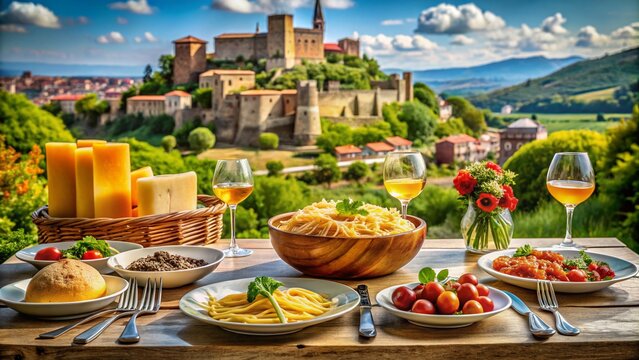 Exquisite Italian Cuisine Presented Against the Historic Backdrop of Melfi Castle, Showcasing Food Artistry and Culinary Tradition in a Scenic Setting