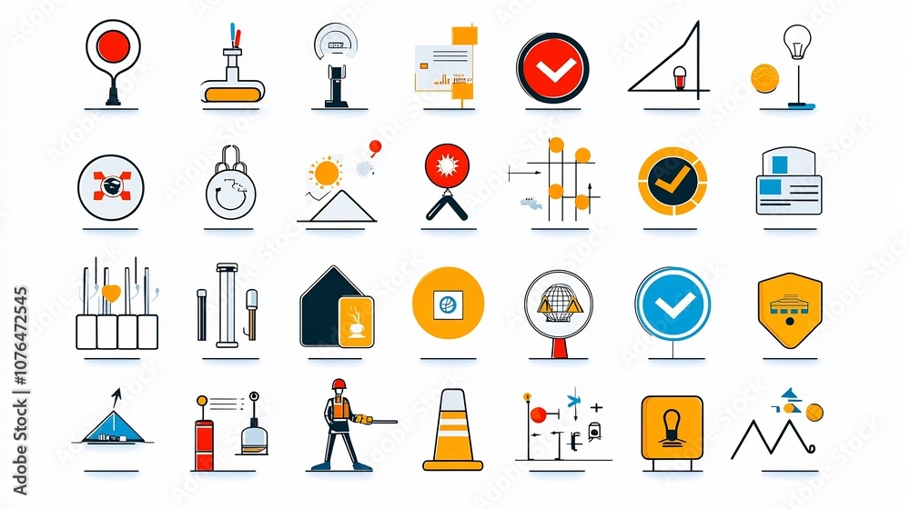 Poster Pixel perfect icons in a 64x64 grid with editable stroke representing key risk management elements such as barriers safe zones and alert symbols for use in digital interfaces infographics