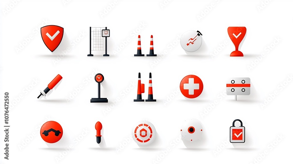 Poster A set of pixel perfect icons in 64x64 with editable stroke depicting essential elements of risk management such as barriers safe zones and alert symbols for comprehensive planning analysis