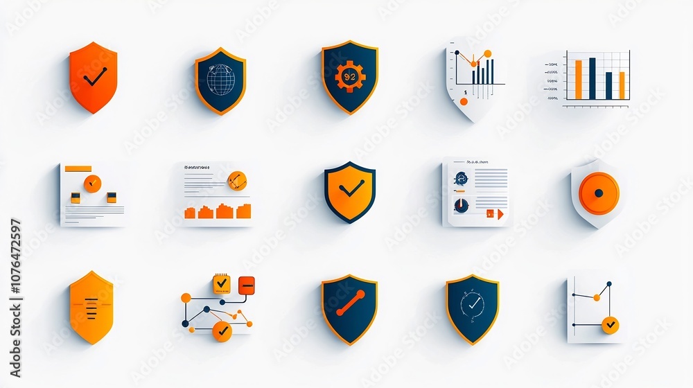 Poster Minimalist icons with editable stroke for risk management concepts featuring shield symbols alert icons and statistical charts for data visualization analytics and business planning
