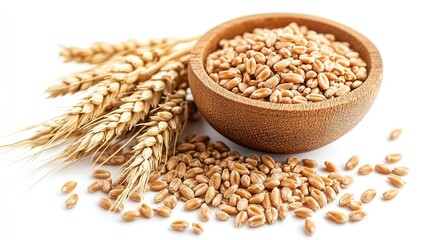 pile of wheat grains on the table against a white background. AI generative.