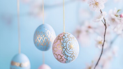 Hanging Easter eggs with golden ornate pattern and cherry blossoms on blue background, perfect for elegant holiday cards and spring celebration design. Horizontal banner, poster