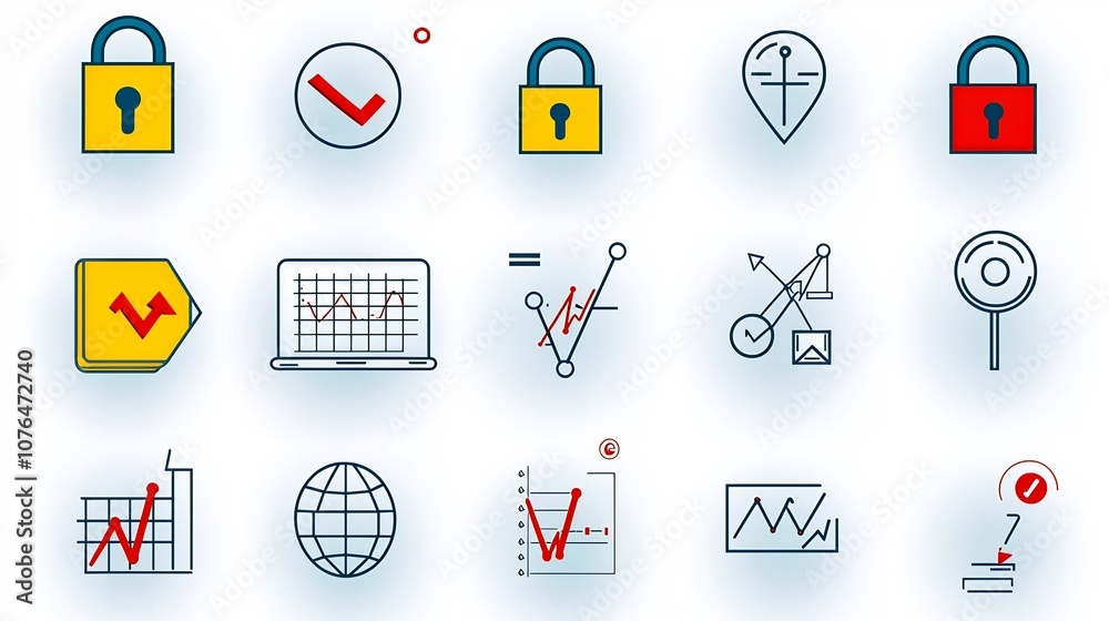 Poster Comprehensive set of 64x64 pixel perfect icons with editable stroke showcasing various risk management symbols like secure locks warning signs
