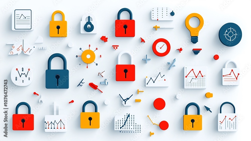 Aufkleber Set of 64x64 pixel perfect icons showcasing symbols for risk management data analytics and security features like locks warning signs and graphs with editable stroke