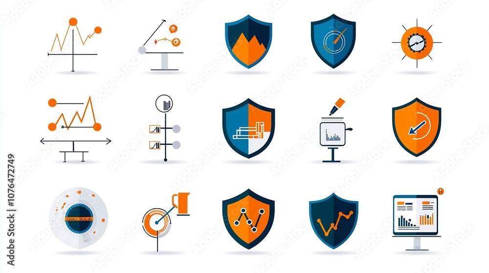 Poster Minimalist line icons in a 64x64 pixel perfect style with editable stroke covering essential risk management and data analysis concepts such as shields data analysis symbols and caution symbols