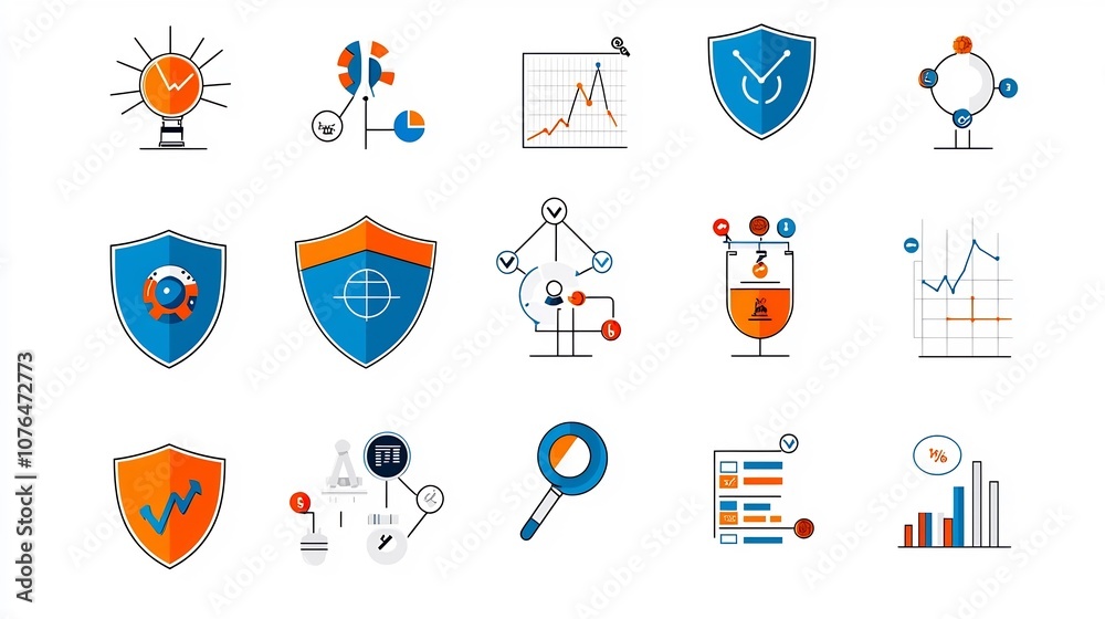 Poster Pixel Perfect Line Icons Covering Risk Management Concepts such as Shields Data Analysis and Caution Symbols in an Editable Style