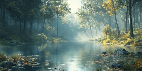 Fototapeta premium Serene River Winding Through a Foggy Forest