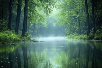 Obraz premium Misty River Through a Dense Forest Canopy