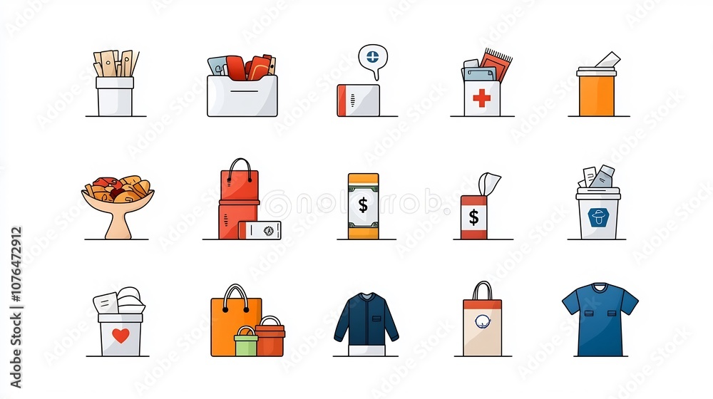 Poster minimalist depicting various forms of charitable donations and philanthropic concepts such as money 