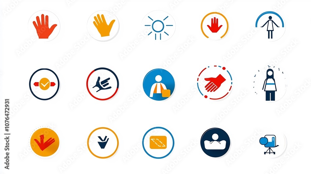 Poster icons in friendly colors and simple lines depicting community support symbols and concepts such as helping hands support circles volunteers and other visual representations of aid charity