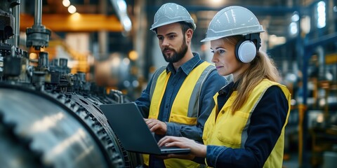 Obraz premium Factory Workers Monitoring Machinery with Laptop. Two workers in hard hats and safety vests monitor industrial machinery using a laptop in a manufacturing facility.