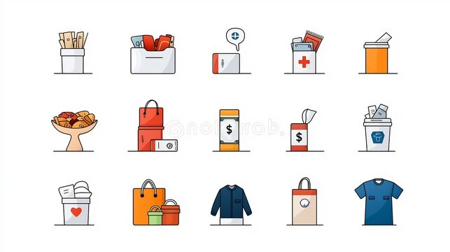 Minimalist depicting various forms of charitable donations and philanthropic concepts such as money food clothing and community support with soft colors and simple icons