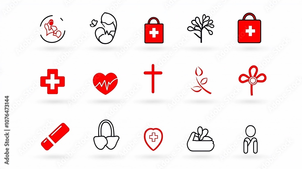 Poster a set of smooth line icons representing diverse forms of charity work including child support medica