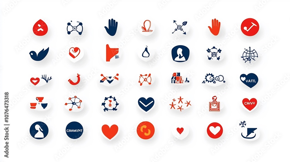 Poster set of minimal icons and symbols representing the values of kindness community connection and global