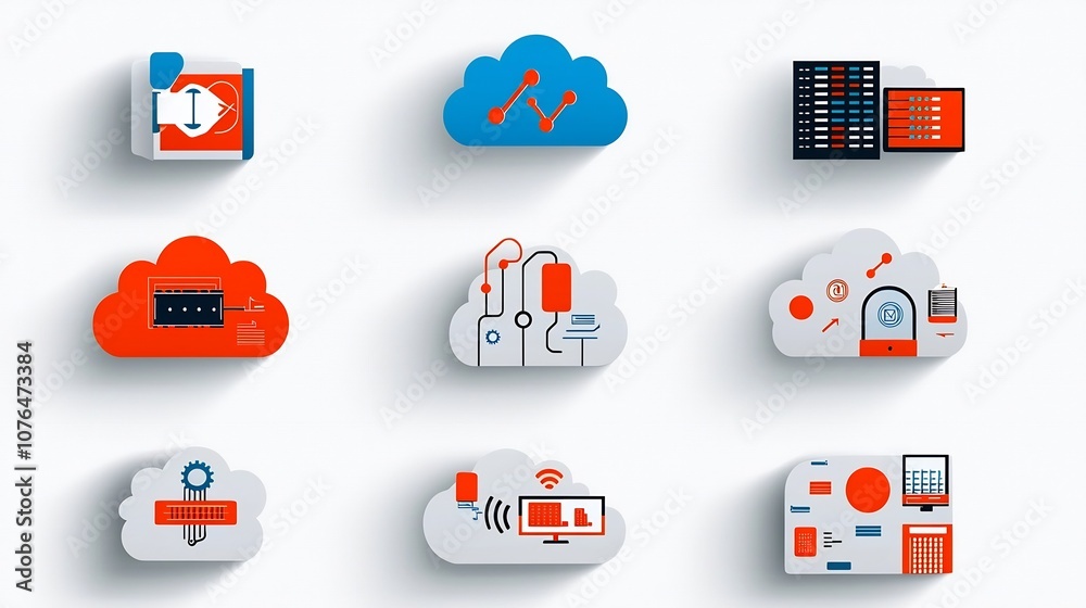 Poster Collection of clean and minimal icons representing cloud network technology concepts such as secure connections global servers and data access  These modern graphics can be used for digital services
