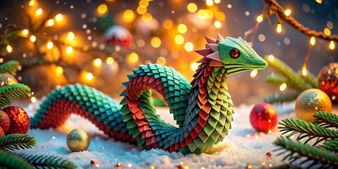 Obraz premium Festive Christmas Origami Snake for 2025, Beautifully Decorated with Colorful Papers, Glitter, and Holiday Embellishments on a Cozy Winter Background
