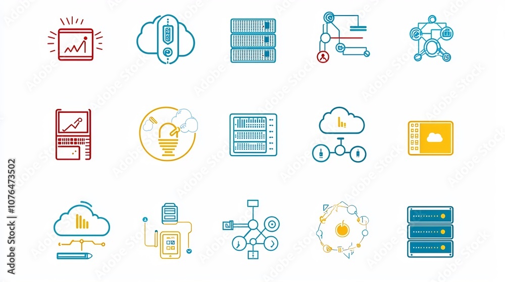 Aufkleber Soft colored icon set depicting the key components and symbols of cloud computing infrastructure including cloud databases server clusters app development tools