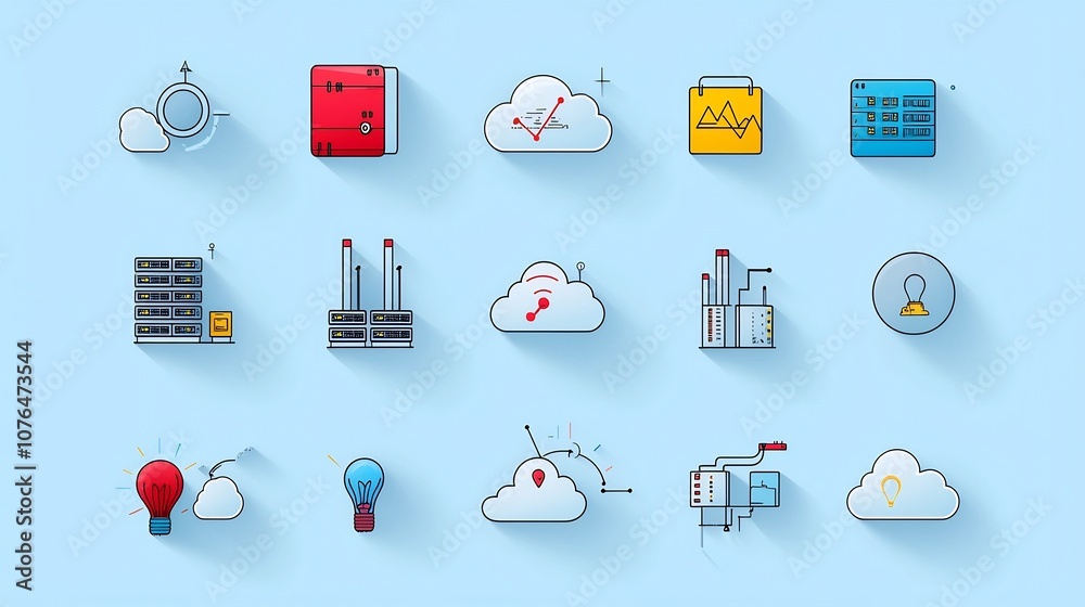 Aufkleber Soft colored icons showcasing various elements of cloud computing infrastructure such as cloud databases server clusters and cloud application development symbols