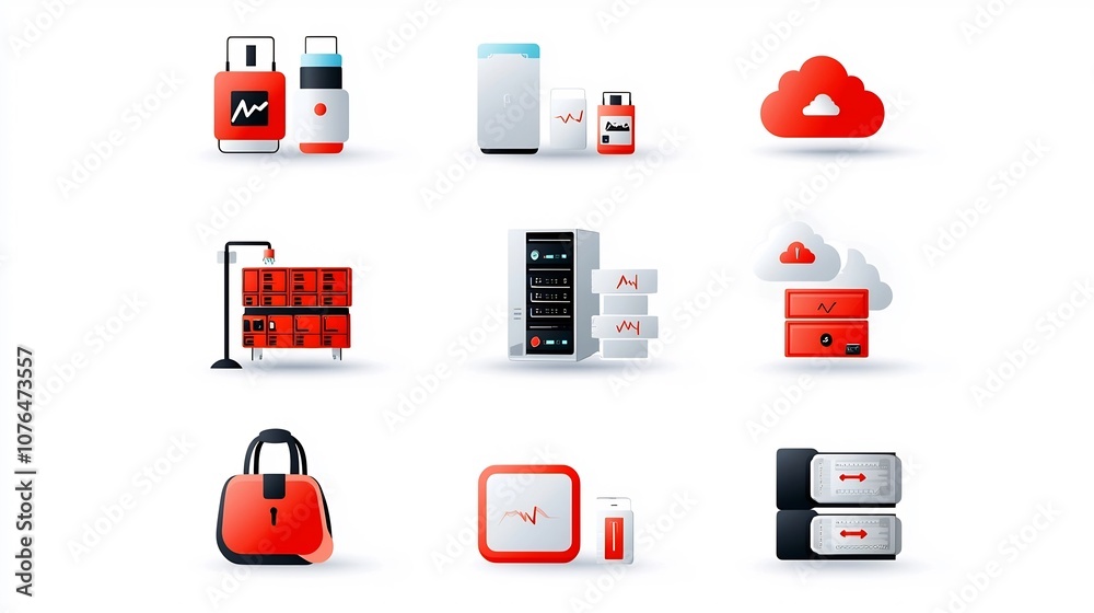 Poster Set of minimalist icons illustrating various cloud storage solutions including cloud servers data synchronization and backup systems