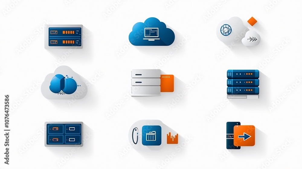 Poster A collection of clean and modern icons depicting various cloud storage solutions services and features like data sync backup systems and cloud servers in a minimalist style