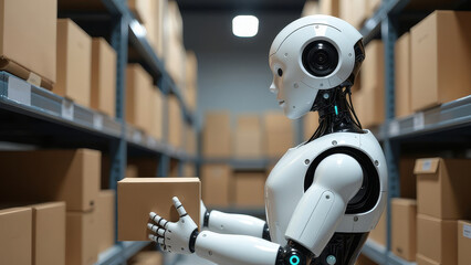 An android robot holds a craft gift box in a warehouse filled with shelves of parcels. The concept of automation in logistics and delivery of online orders.