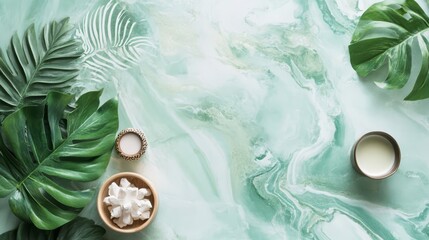 Serene Spa Day: Luxurious self-care and pampering session with natural ingredients. Flat lay showcasing organic skincare products, lush tropical leaves, and calming teal marble background.  