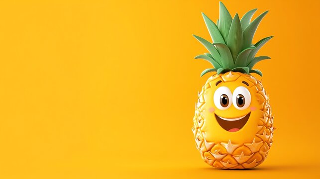 A cartoon pineapple with a smiling face on a yellow background.