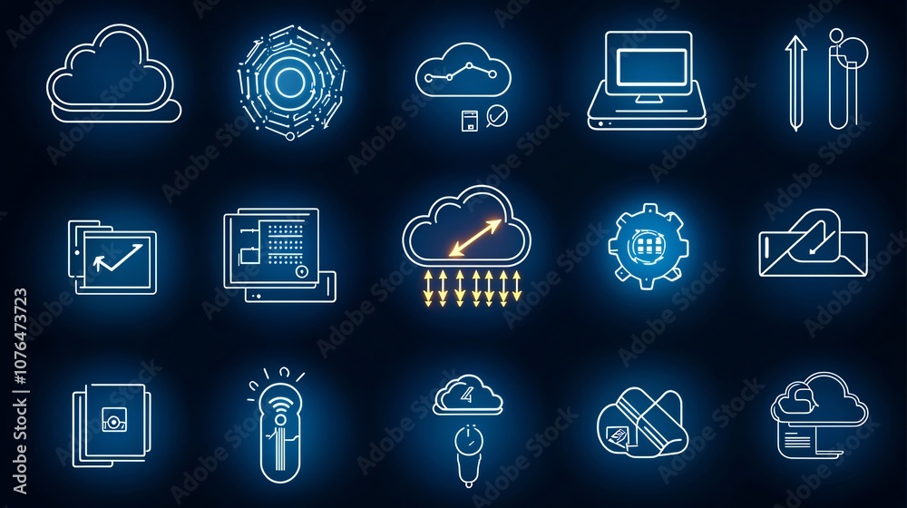 Aufkleber Set of clear and concise icons illustrating cloud computing connectivity features like cloud bridges remote access and real time synchronization for business IT solutions and digital transformation