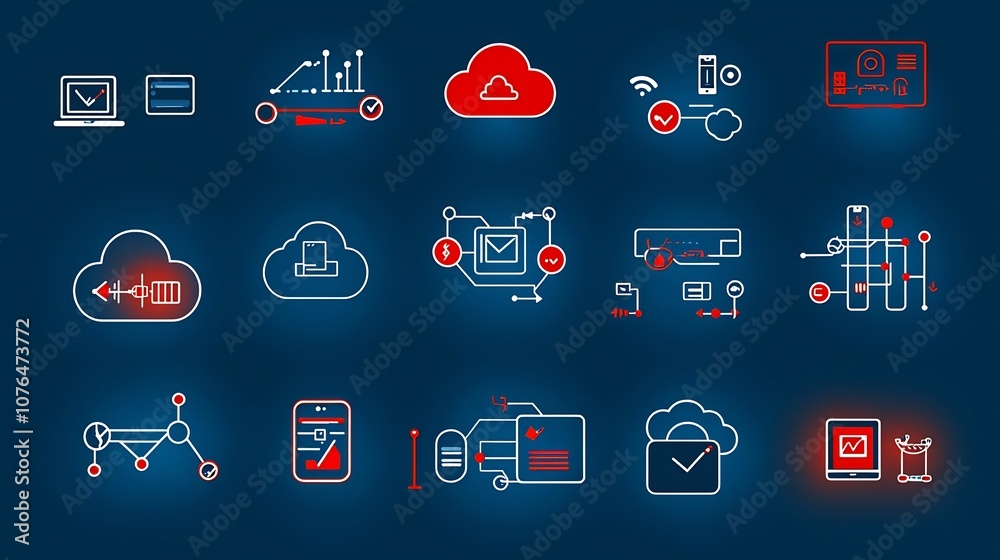 Aufkleber Set of icons designed to illustrate key features of cloud computing connectivity including secure data synchronization remote access
