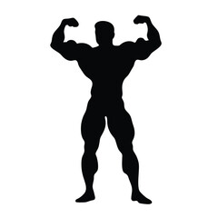 A man with a muscular build is standing in a black and white photo. He is flexing his biceps and is wearing a black shirt