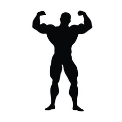 A man with a muscular build is standing in a black and white photo. He is flexing his biceps and is wearing a black shirt