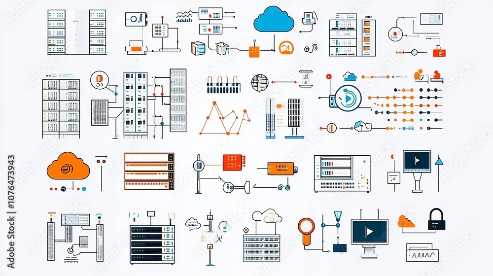Poster Collection of simple line art icons representing various hosting and server management tools featuring light gradients and a clean modern aesthetic