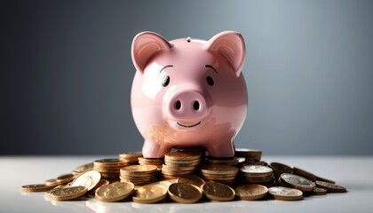 Happy pink piggy bank sitting on a pile of coins with dramatic lighting and dark background