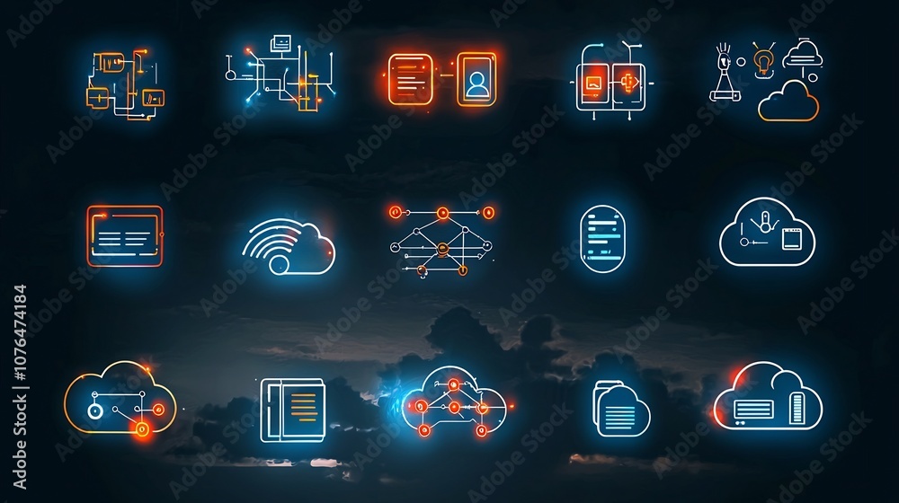 Aufkleber Comprehensive icon set depicting cloud computing network architecture data transfer and scalable cloud services in a sleek tech themed style  Suitable for software IT digital technology