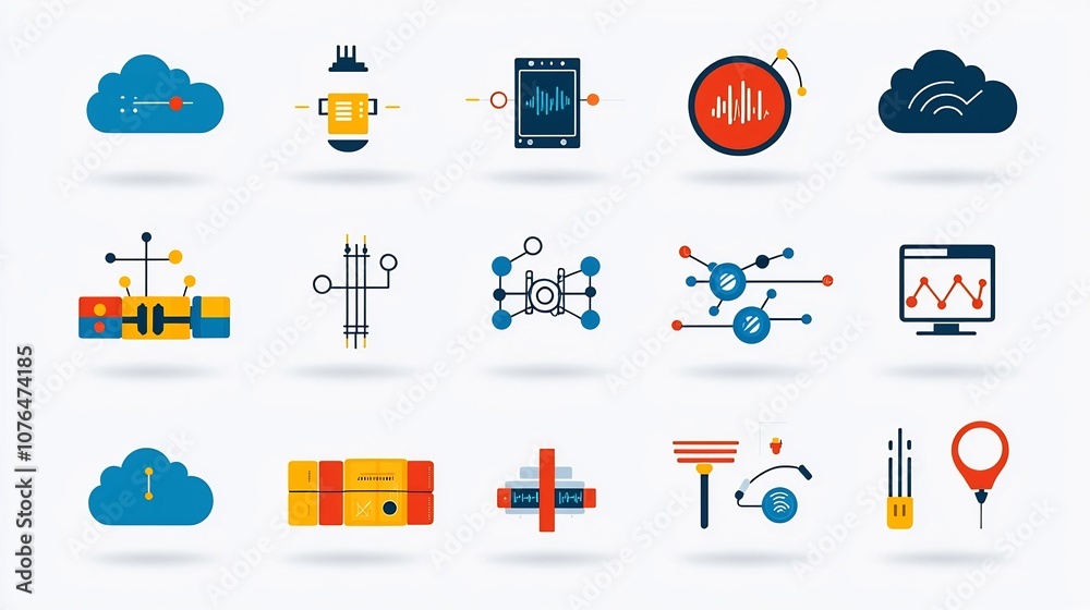 Poster Comprehensive Icon Set Depicting Cloud Computing and Network Architecture Concepts Including Data Transfer Scalable Services and Other Tech Themed Symbols