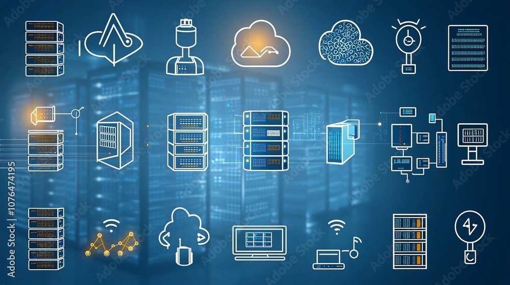 Aufkleber Collection of hosting icons showcasing data centers server management and cloud monitoring tools with simple lines light gradients and minimalist designs to represent technology IT infrastructure