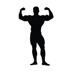 A man with a muscular build is standing in a black and white photo. He is flexing his biceps and is wearing a black shirt