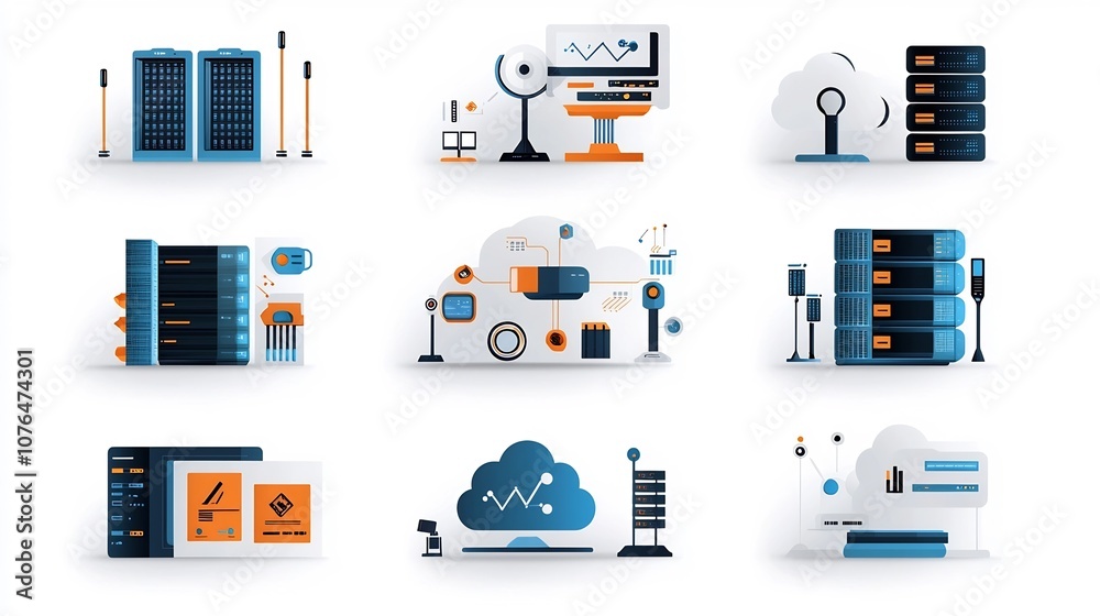 Poster Comprehensive set of contemporary cloud hosting icons representing virtual machines server maintenance and various cloud computing services for web infrastructure solutions