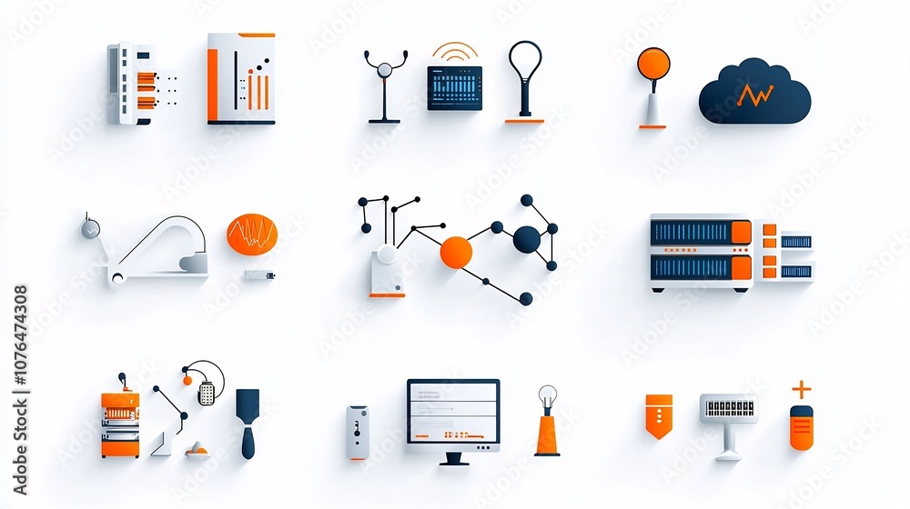 Aufkleber A collection of sleek and modern cloud hosting icons designed to represent various web infrastructure components including virtual machines server maintenance and cloud based services