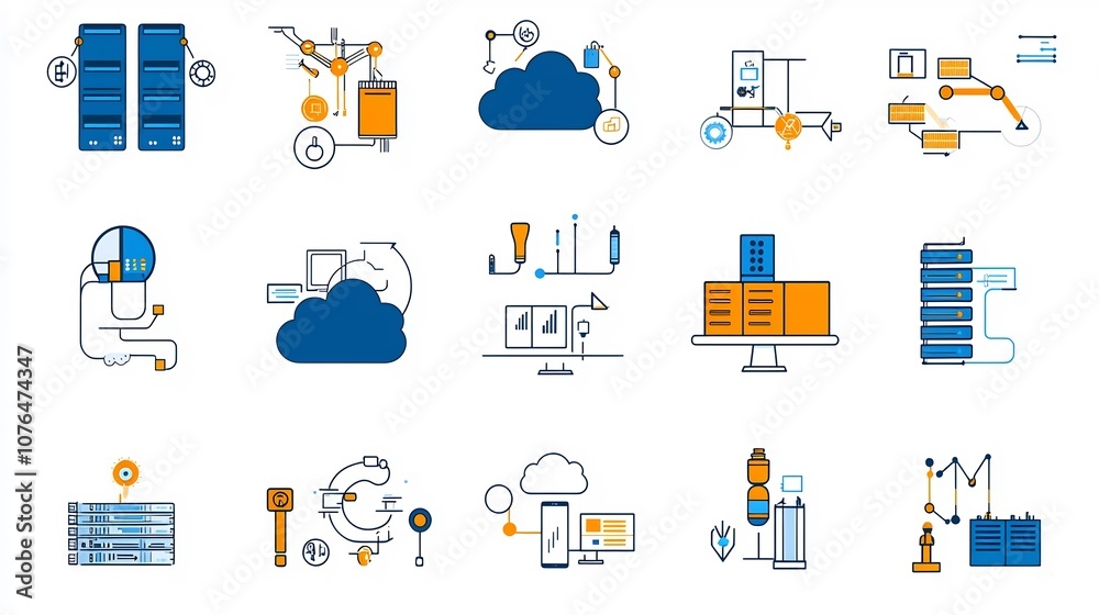 Leinwandbilder Comprehensive set of icons representing cloud management and resource optimization features highlighting load balancing automated workflows