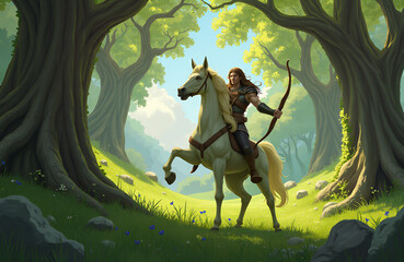 centaur practicing archery, in a lush meadow surrounded by ancient trees