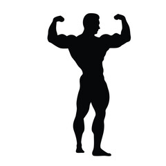 A man with a muscular build is standing in a black and white photo. He is flexing his biceps and is wearing a black shirt