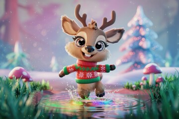 Fototapeta premium Cute reindeer wearing a Christmas sweater jumps in a puddle