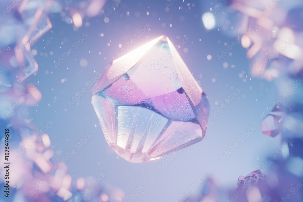 Aufkleber Iridescent crystal floating in soft purple background with shimmering particles.