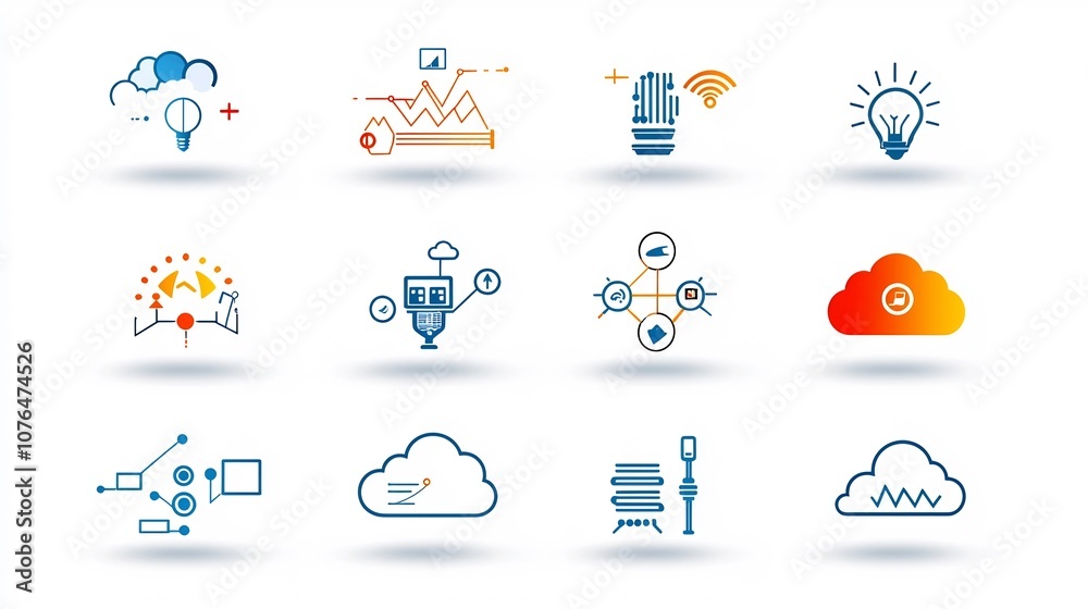 Poster Elegant Minimalist Icons Depicting Various Cloud Computing Capabilities Such as App Hosting Resource Allocation and Data Processing for Modern Digital Solutions
