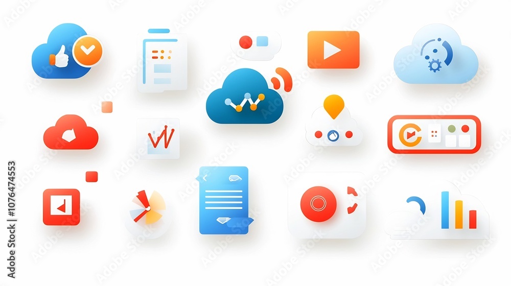 Fototapete Collection of clean modern icons representing the features and capabilities of cloud based solutions including app hosting resource allocation and data processing for efficient scalable
