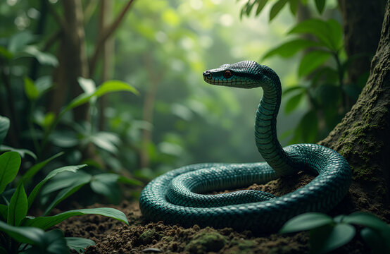  A snake coiled around a tree, in a lush jungle full of exotic plants