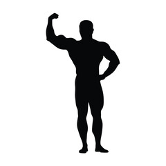 A man with a muscular build is standing in a black and white photo. He is flexing his biceps and is wearing a black shirt