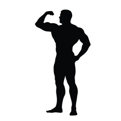 A man with a muscular build is standing in a black and white photo. He is flexing his biceps and is wearing a black shirt