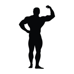 Fototapeta premium A man with a muscular build is standing in a black and white photo. He is flexing his biceps and is wearing a black shirt